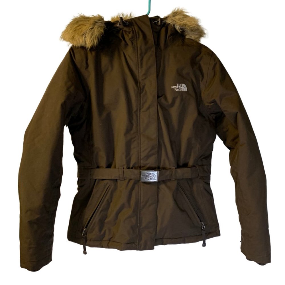 North Face Goose Down Nylon Coat Size M Women's Brown Faux Fur Trim Insulated